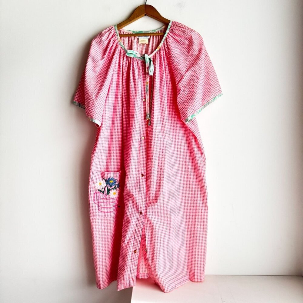 Vintage Smart Time Pin Striped Seersucker Snap Button Embroidered House Dress 2X